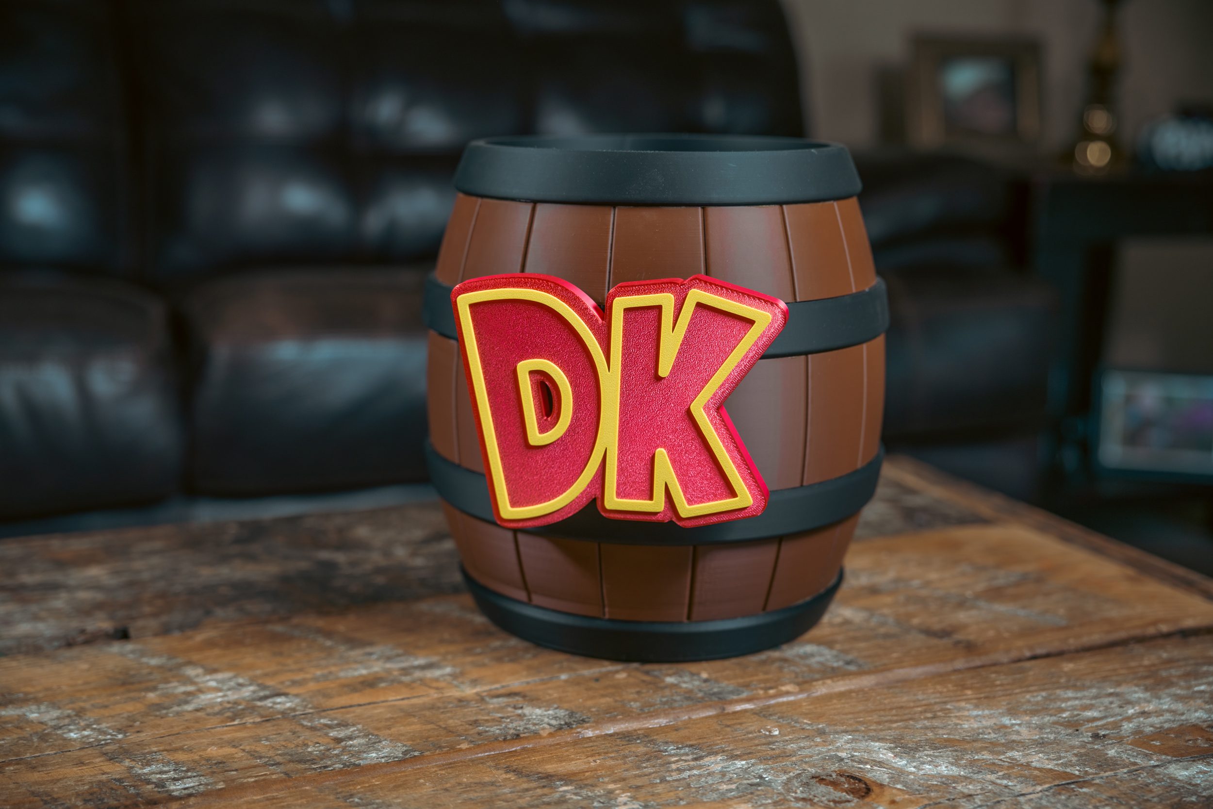 A 3D printed retro arcade barrel display.