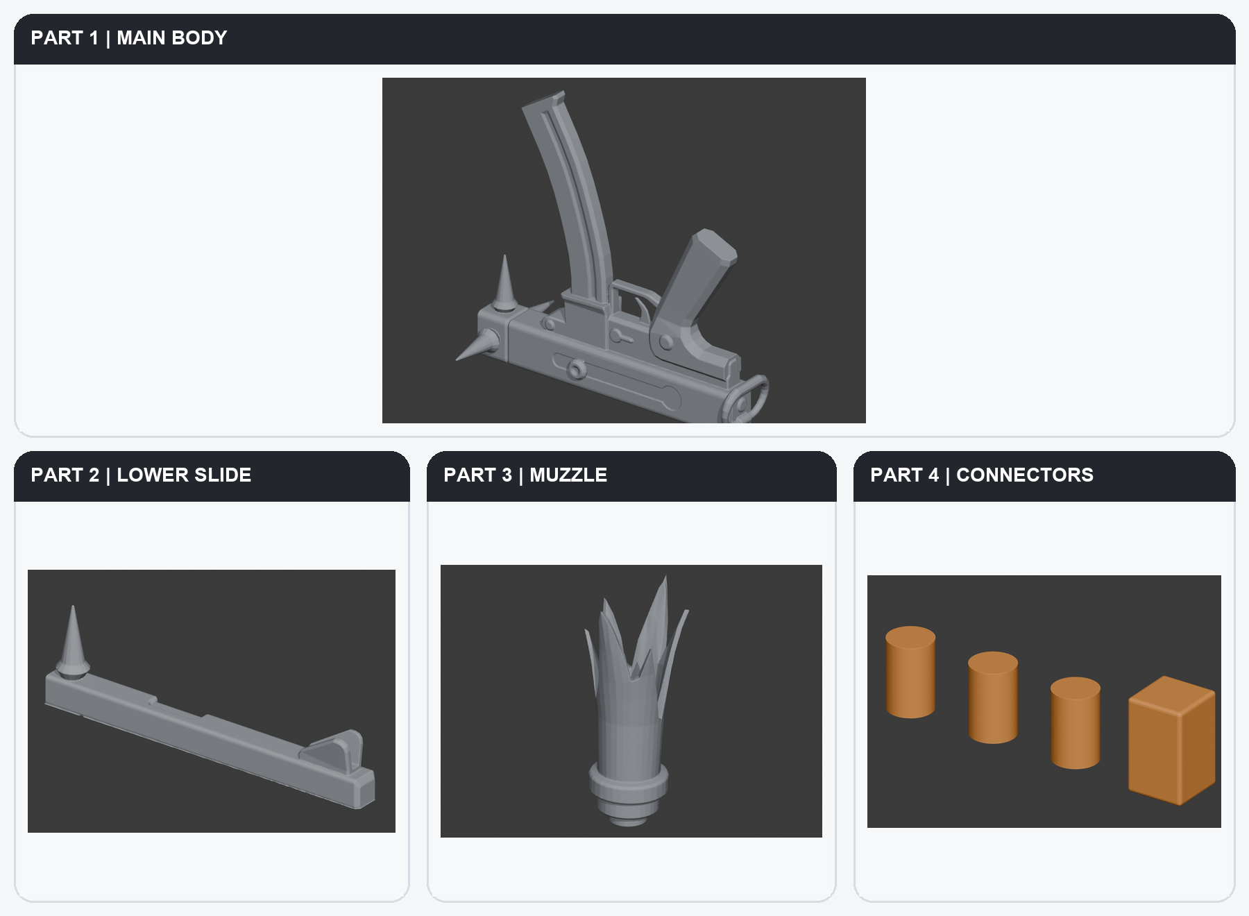 Production breakdown showing an oversized model divided into printable sections plus a connector set.