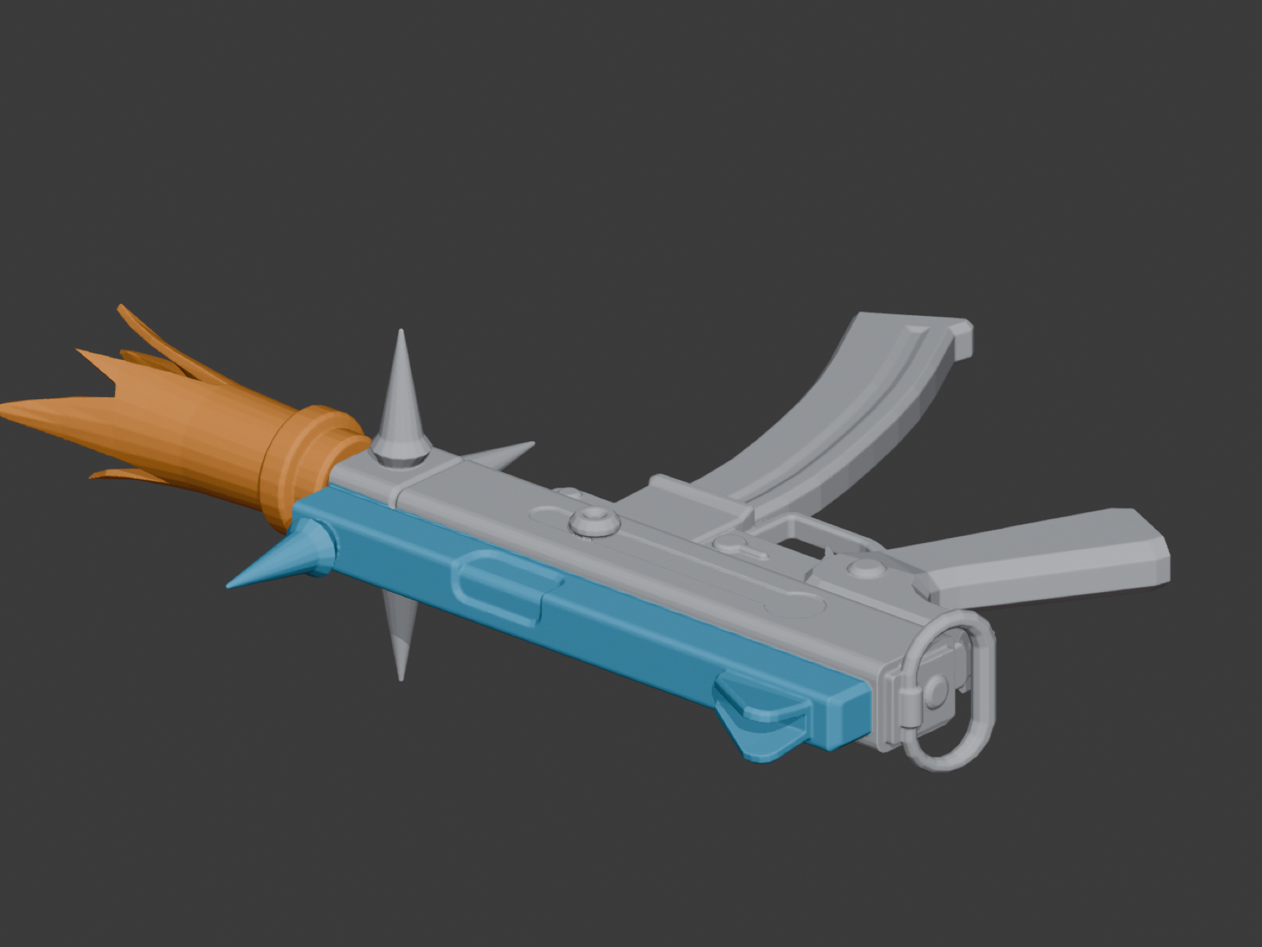 Color-coded Blender view verifying alignment between the main body, lower slide, and muzzle.