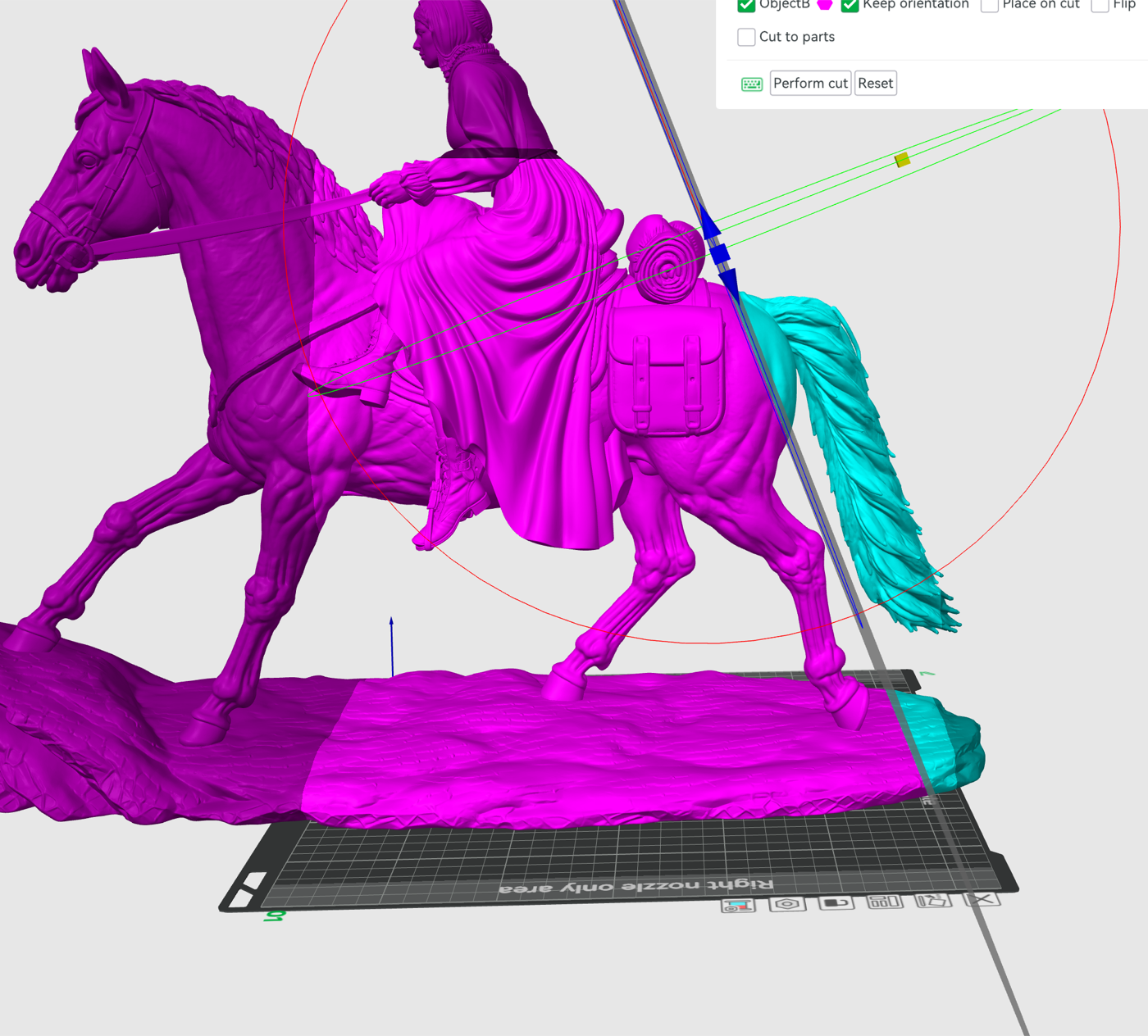 Bambu Studio cut planning view showing the full horse and rider model with a proposed division.