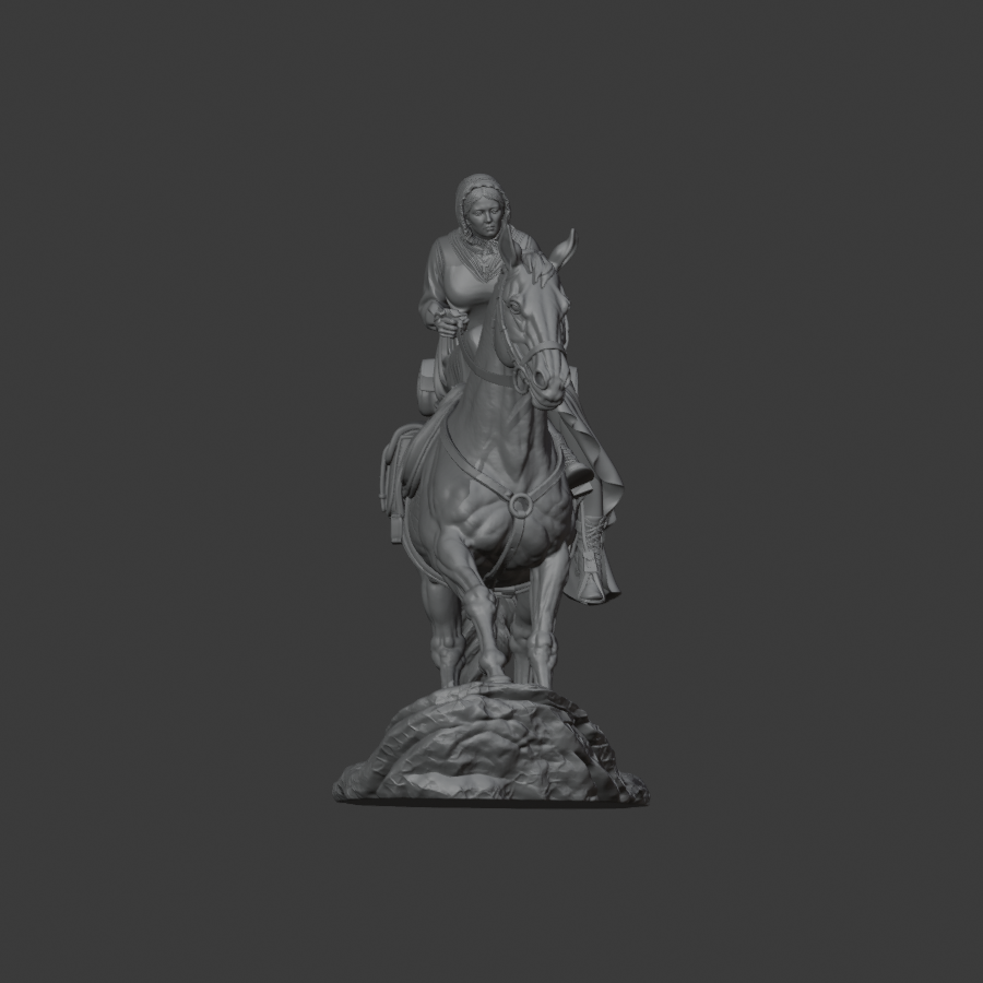 Front view of the final horse and rider digital model.