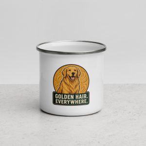 Enamel Camp Mug, Golden Retriever Gift: Golden Hair. Everywhere.