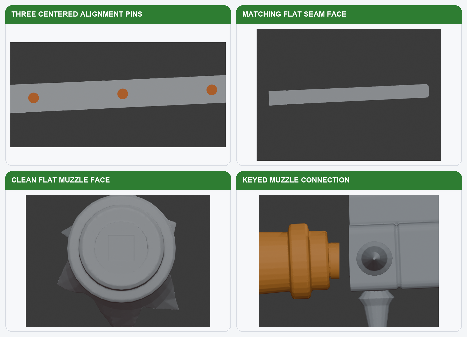 Engineering views showing alignment pins, matching seam faces, and a keyed connector.