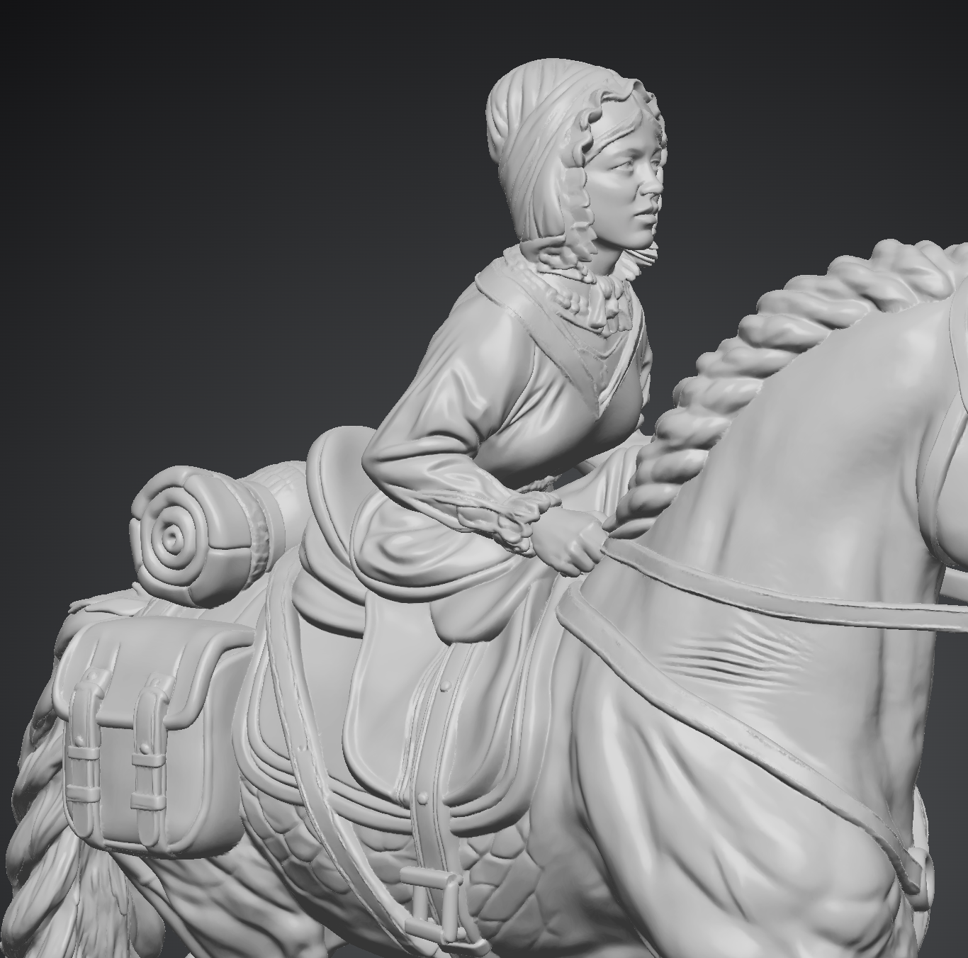 Close final render of the bedroll, saddlebag, dress folds and tack behind the rider.
