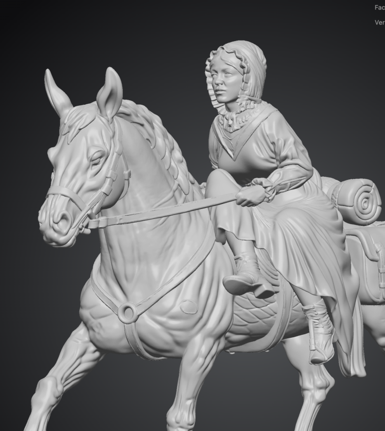 Final render of the completed horse and sidesaddle rider sculpture model.