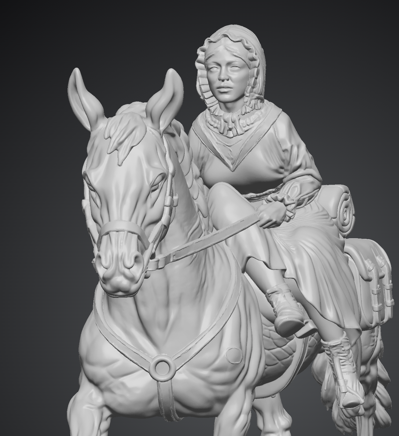 Close final render showing the rider's face, bonnet, collar, hands and grip on the reins.