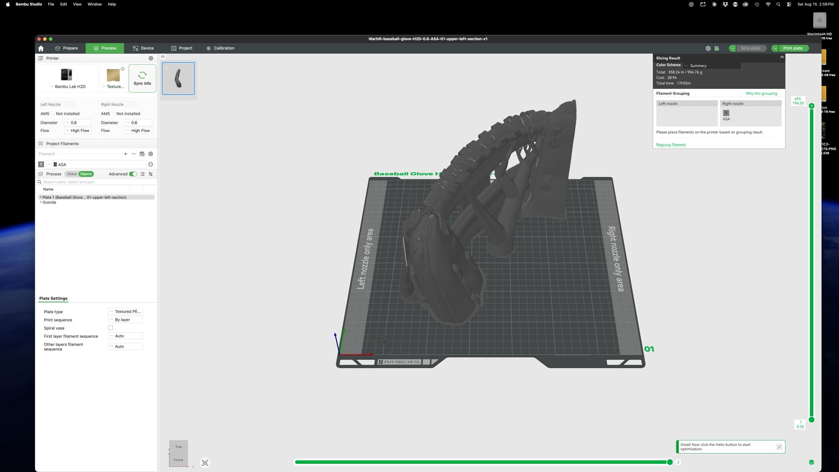 Slicer plate preview for a glove section prepared for production.