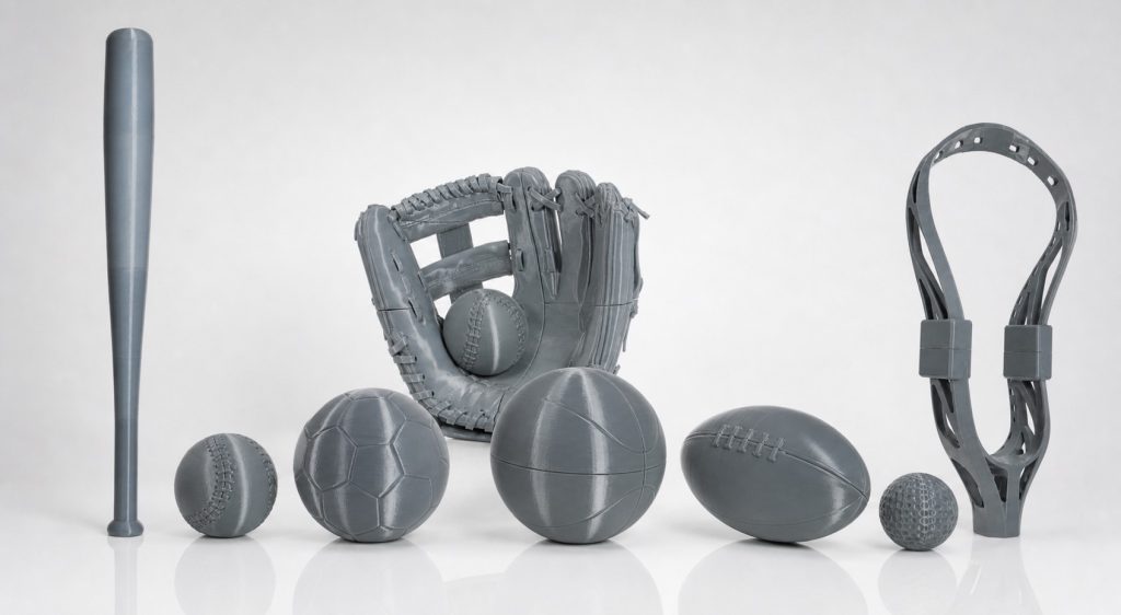 The nine finished sports forms in gray ASA, shown together: bat, baseball, soccer ball, glove with ball, basketball, football, field-hockey ball and lacrosse head.