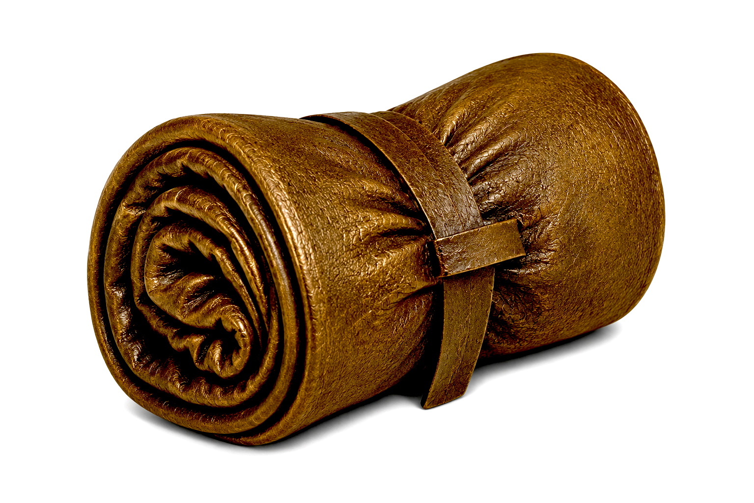 Detail render of the rolled travel bedroll with its strap.
