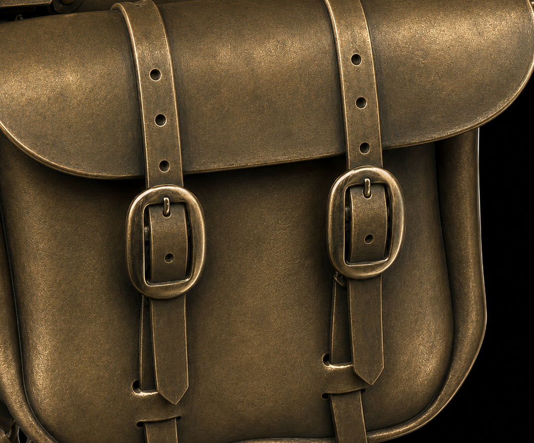 Detail render of the leather saddlebag with buckled straps.