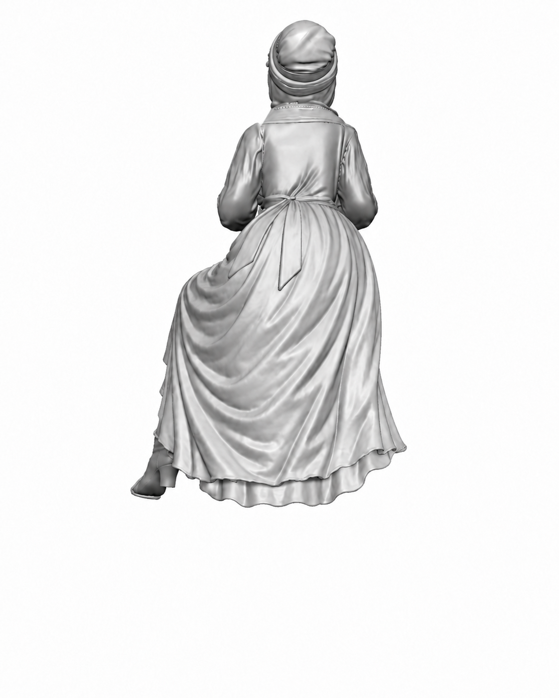 Back view of the isolated sidesaddle rider showing the dress and bonnet.