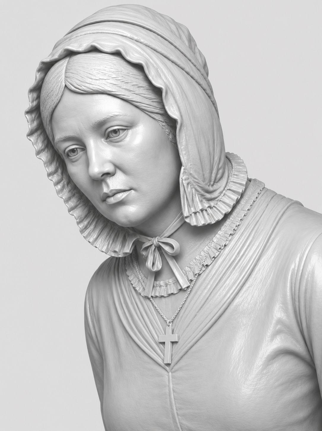 Close render of the sidesaddle rider's face, bonnet and collar.
