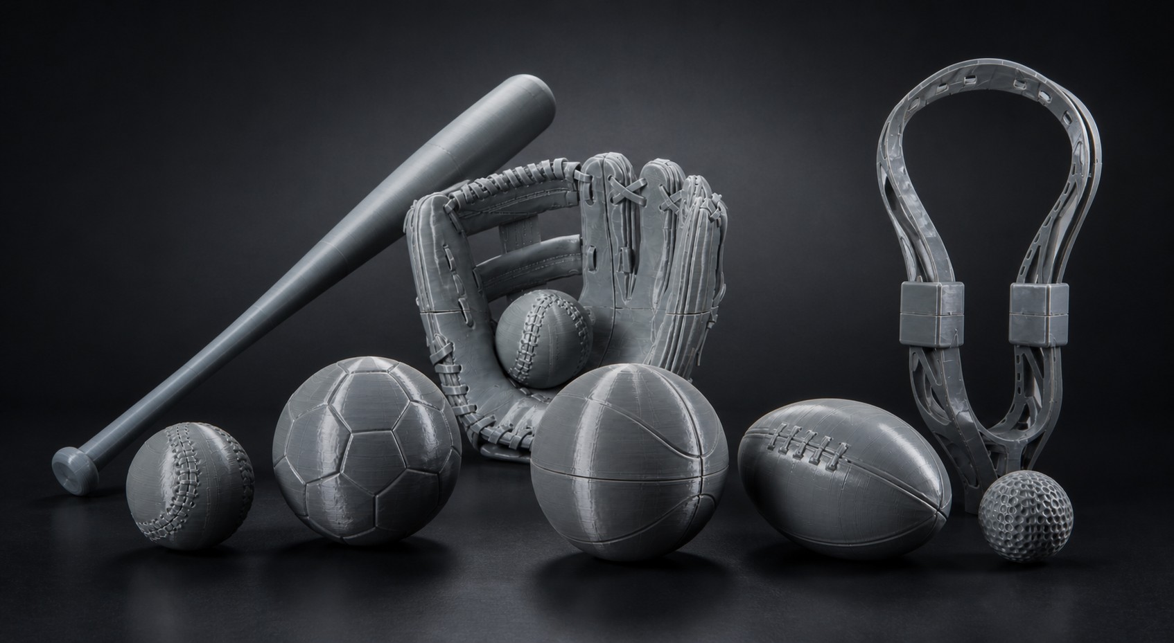 Nine 3D-printed sport forms in gray ASA for the Warhill Sports Complex art monument, produced by Cru Bear in Louisville